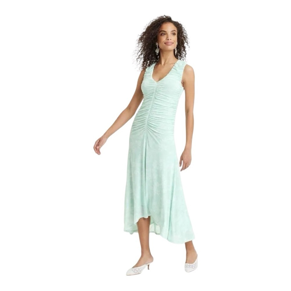 NWT Women’s Sleeveless Ruched Midi Sundress- Light Green XS
